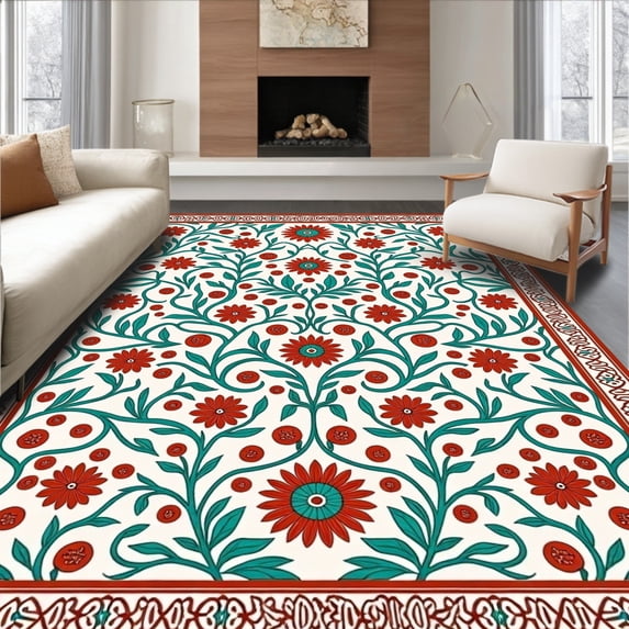 ODIKA 3'x5' Machine Washable Non-Slip Area Rug, Boho Floral Vine High Traffic Rug, Red, 370723