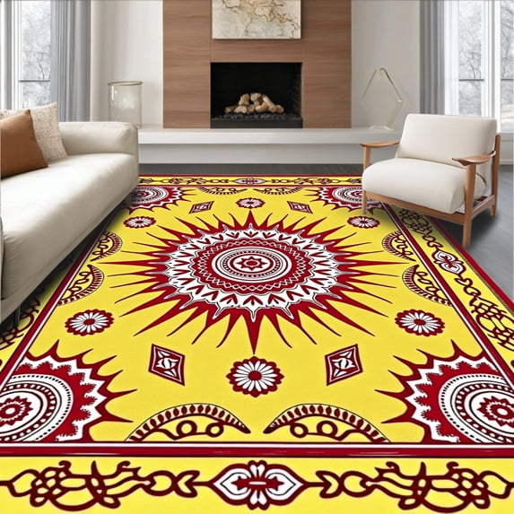 ODIKA 3'x5' Machine Washable Non-Slip Area Rug, Boho Rustic Starburst Medallion with Stitched Festoon Details High Traffic Rug, Yellow, 621575