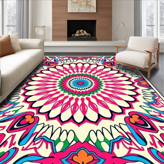 ODIKA 3'x5' Machine Washable Non-Slip Area Rug, Boho Sunburst Interlocking Lattice Motif High Traffic Rug, Pink, 525254