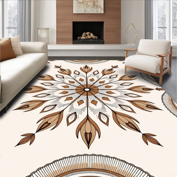 ODIKA 3'x5' Machine Washable Non-Slip Area Rug, Boho Sunburst with Delicate Petal and Subtle Fading High Traffic Rug, Brown, 466280