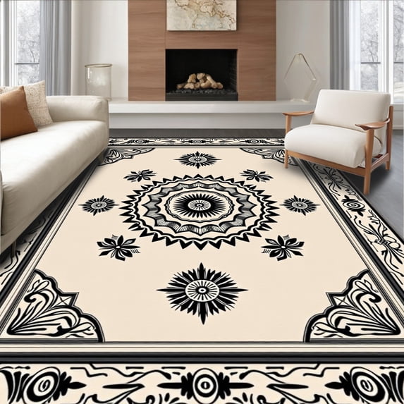 ODIKA 3'x5' Machine Washable Non-Slip Area Rug, Boho with Abstract Vine Details and Repeating Burst Motifs High Traffic Rug, Beige, 701651