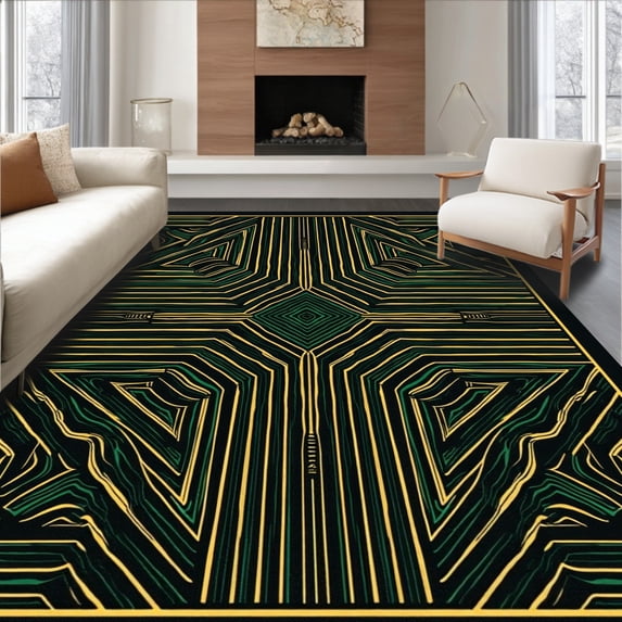 ODIKA 3'x5' Machine Washable Non-Slip Area Rug, Bold Grid Mosaic Featuring Interlocking Stripes and Highlights High Traffic Rug, Black, 674018