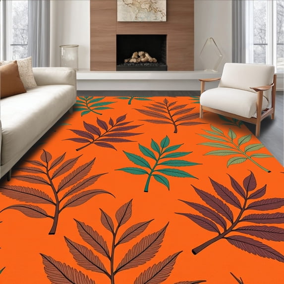 ODIKA 3'x5' Machine Washable Non-Slip Area Rug, Botanical Fern Fronds Whimsical Nature Inspired Arrangement High Traffic Rug, Orange, 600707