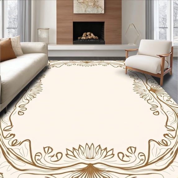 ODIKA 3'x5' Machine Washable Non-Slip Area Rug, Botanical Garden Flourish Interlocking Symmetrical Decorative High Traffic Rug, Brown, 466326