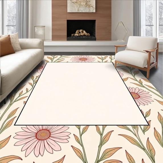 ODIKA 3'x5' Machine Washable Non-Slip Area Rug, Botanical Garden Inspired Blossom Elegant Artistry High Traffic Rug, Beige, 479326