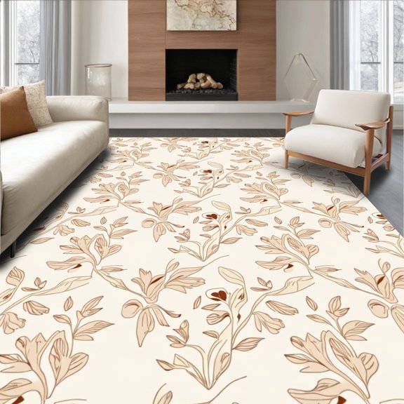ODIKA 3x5 Machine Washable Non-Slip Area Rug, Botanical Vine Tapestry Interlaced Foliage Meadow Flourish High Traffic Rug, Beige, 478989