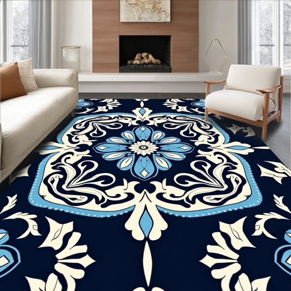 ODIKA 3'x5' Machine Washable Non-Slip Area Rug, Botanical Watercolor Damask High Traffic Rug, Blue, 473628