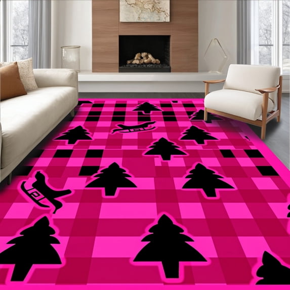 ODIKA 3'x5' Machine Washable Non-Slip Area Rug, Buffalo Check Evergreen and Sleigh Motif Festive Pair High Traffic Rug with Pad, Pink, 651842