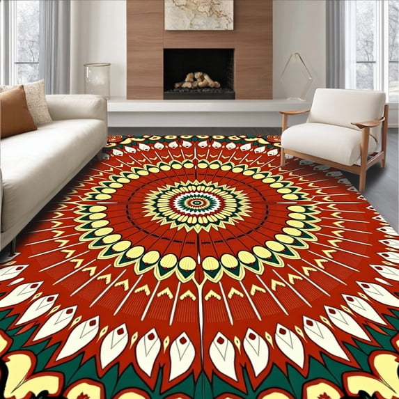 ODIKA 3'x5' Machine Washable Non-Slip Area Rug, Burst Pathway with Symmetrical Petal Flourishes High Traffic Rug with Pad, Red, 578433