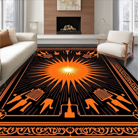 ODIKA 3'x5' Machine Washable Non-Slip Area Rug, Burst with Championship Trophy Border High Traffic Rug, Black, 672368