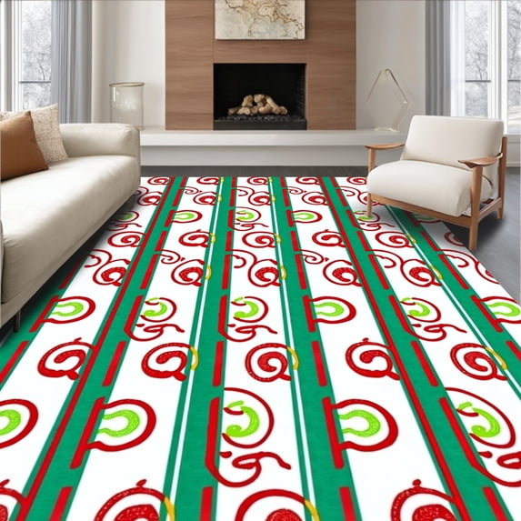 ODIKA 3'x5' Machine Washable Non-Slip Area Rug, Cane Stripe Cheerful Holiday Floor Pair Peppermint Swirl Style High Traffic Rug, Red, 651483