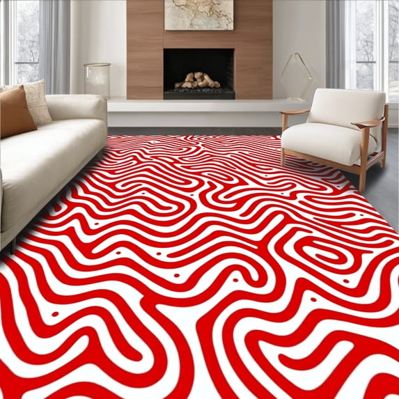 ODIKA 3'x5' Machine Washable Non-Slip Area Rug, Cane Stripe Floor with Peppermint Swirl High Traffic Rug, Red, 623141