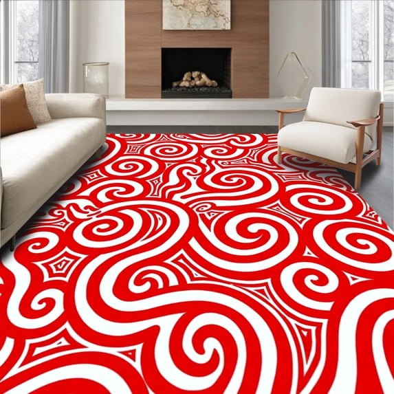 ODIKA 3'x5' Machine Washable Non-Slip Area Rug, Cane Stripe Latch Needlework Kit Peppermint Swirl Design Canvas High Traffic Rug with Pad, Red, 647369