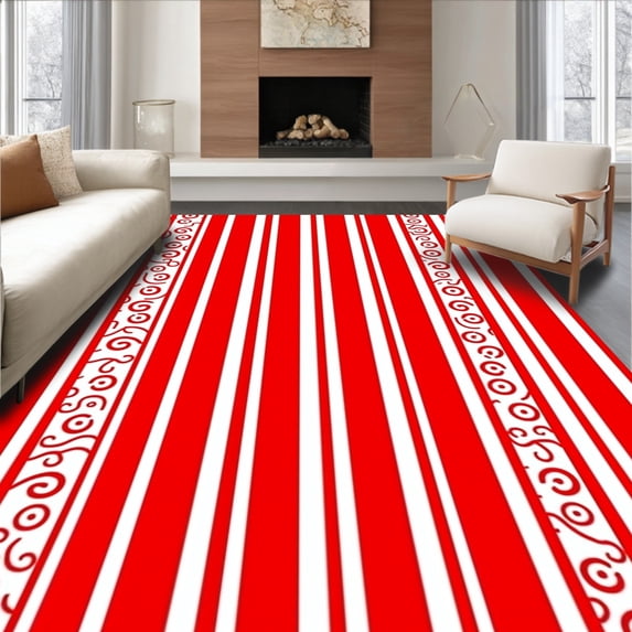 ODIKA 3'x5' Machine Washable Non-Slip Area Rug, Cane Stripe Seasonal with Swirled Peppermint Accents High Traffic Rug with Pad, Red, 611324