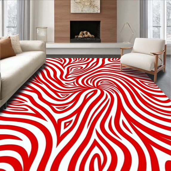 ODIKA 3'x5' Machine Washable Non-Slip Area Rug, Cane Stripe Swirl Design Microfiber Bath Holiday Theme High Traffic Rug with Pad, Red, 741837