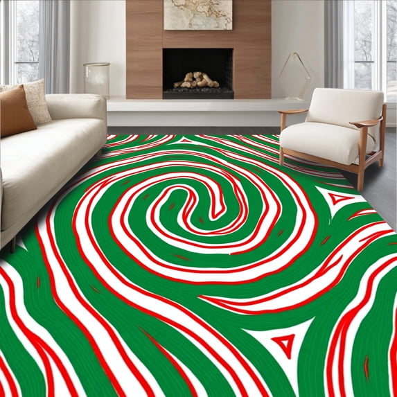 ODIKA 3'x5' Machine Washable Non-Slip Area Rug, Cane Stripe Swirl High Traffic Rug with Pad, Green, 734761