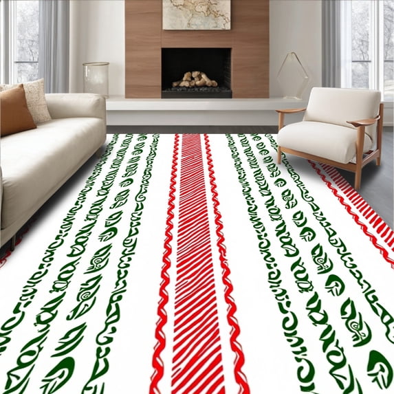 ODIKA 3'x5' Machine Washable Non-Slip Area Rug, Cane Stripe Whimsical Elf Leg Festive Design High Traffic Rug, Red, 739137