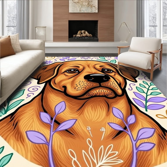 ODIKA 3'x5' Machine Washable Non-Slip Area Rug, Canine Portrait Needlework Kit Featuring Curly Haired Dog Motif High Traffic Rug, Brown, 635716