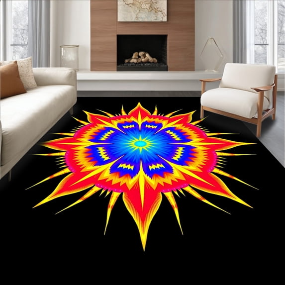 ODIKA 3'x5' Machine Washable Non-Slip Area Rug, Celestial Starburst With Radiant Symmetrical Design High Traffic Rug with Pad, Red, 352420