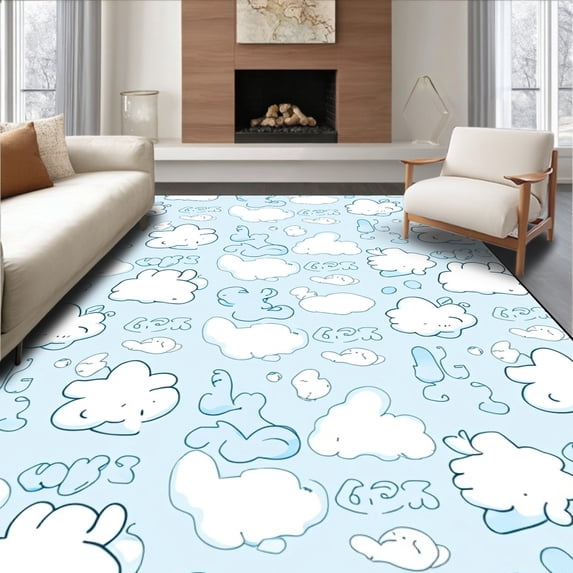 ODIKA 3'x5' Machine Washable Non-Slip Area Rug, Celestial Vapor Non Toxic Dye Playful Sky Motif High Traffic Rug with Pad, Blue, 720139