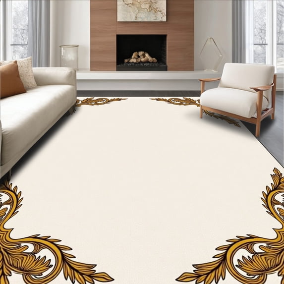 ODIKA 3'x5' Machine Washable Non-Slip Area Rug, Championship Trophy Medallion Emblem Sports Celebration High Traffic Rug, Gold, 668835