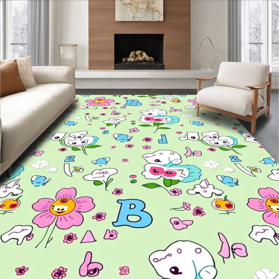 ODIKA 3'x5' Machine Washable Non-Slip Area Rug, Charming ABC Garden Featuring Animal Friends and Number Blooms High Traffic Rug with Pad, Green, 693673
