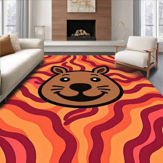 ODIKA 3'x5' Machine Washable Non-Slip Area Rug, Charming Capybara Character Surrounded by Interlocking Abstract Waves High Traffic Rug, Orange, 722225