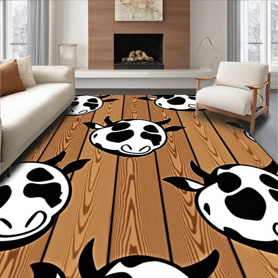 ODIKA 3'x5' Machine Washable Non-Slip Area Rug, Charming Cow Portrait Dairy Farm Weathered Wood Plank Heritage Style High Traffic Rug, Black, 680830