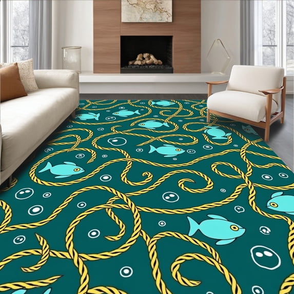 ODIKA 3'x5' Machine Washable Non-Slip Area Rug, Charming Flounder with Nautical Rope and Bubble Accents High Traffic Rug with Pad, Blue, 706985
