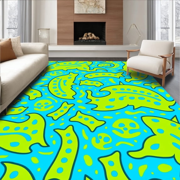 ODIKA 3'x5' Machine Washable Non-Slip Area Rug, Charming Reptile Friend Cartoon Splash Design High Traffic Rug, Blue, 680677
