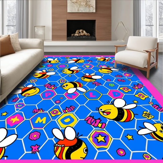 ODIKA 3'x5' Machine Washable Non-Slip Area Rug, Cheerful Honeycomb Alphabet Puzzle with Playful Bug Motifs High Traffic Rug with Pad, Blue, 720929