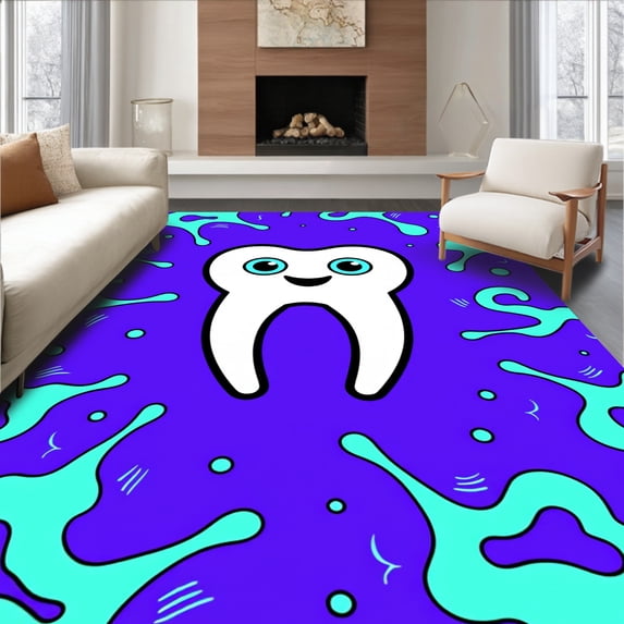 ODIKA 3'x5' Machine Washable Non-Slip Area Rug, Cheerful Tooth Shaped Character Art with Splashing Water and Fun Swirls High Traffic Rug, Purple, 619740