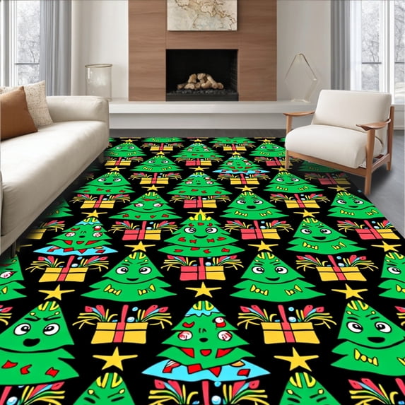 ODIKA 3'x5' Machine Washable Non-Slip Area Rug, Cheerful Yuletide Character Forest Punch Art Motif High Traffic Rug, Green, 729347