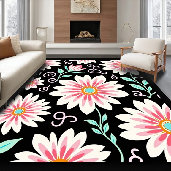 ODIKA 3x5 Machine Washable Non-Slip Area Rug, Chic Vintage Bloom with Elegant Petal Designs High Traffic Rug, Black, 351852