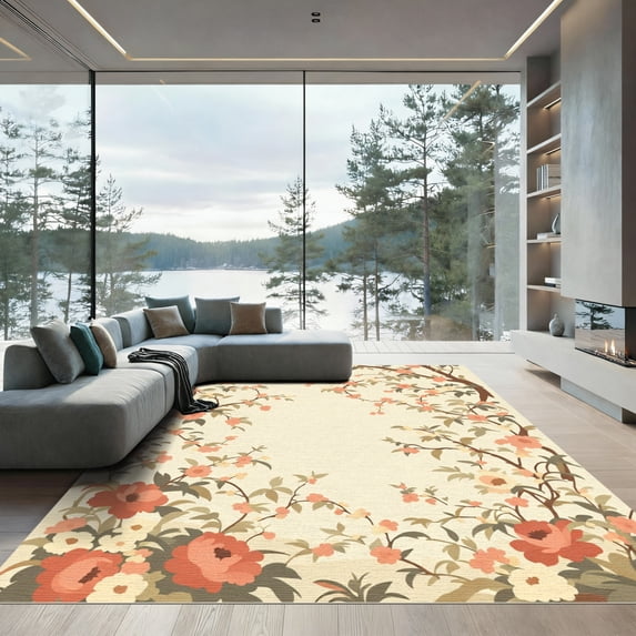 ODIKA 3'x5' Machine Washable Non-Slip Area Rug, Chinoiserie Cream High Traffic Rug, Beige, 1084334