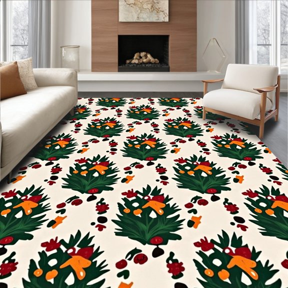 ODIKA 3x5 Machine Washable Non-Slip Area Rug, Christmas Conifer Bough Entry with Autumn Harvest High Traffic Rug, Green, 731859