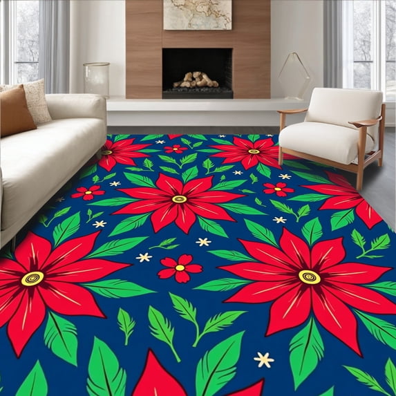 ODIKA 3'x5' Machine Washable Non-Slip Area Rug, Christmas Poinsettia Floral Doormat Seasonal Botanical Entry High Traffic Rug with Pad, Red, 504075