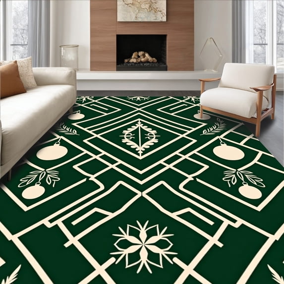 ODIKA 3'x5' Machine Washable Non-Slip Area Rug, Classic Stripes Blended with Subtle Christmas Ornament High Traffic Rug, Green, 625476