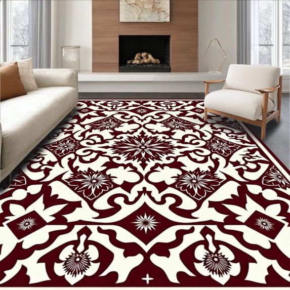 ODIKA 3'x5' Machine Washable Non-Slip Area Rug, Classic Damask Featuring Festive Pinecone High Traffic Rug, Brown, 614547