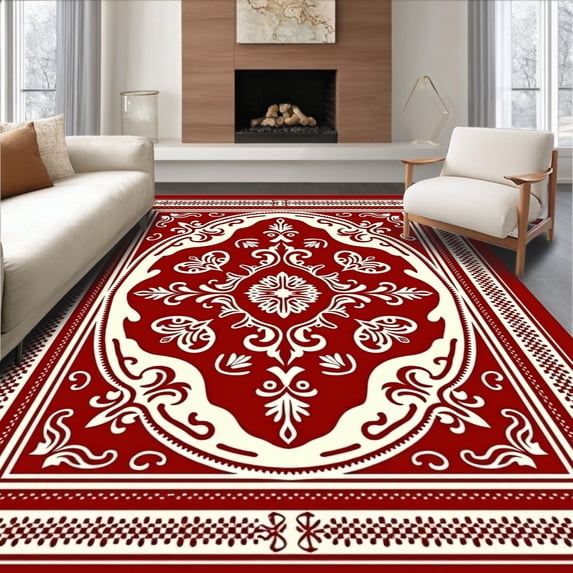 ODIKA 3'x5' Machine Washable Non-Slip Area Rug, Classic Entertainment Venue Inspired Damask High Traffic Rug, Red, 517959