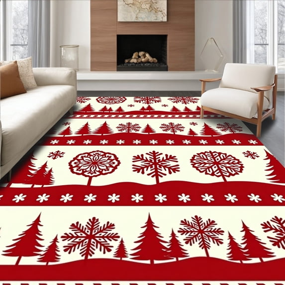 ODIKA 3'x5' Machine Washable Non-Slip Area Rug, Classic Holiday with Snowflake and Timber Motifs High Traffic Rug with Pad, Red, 739424