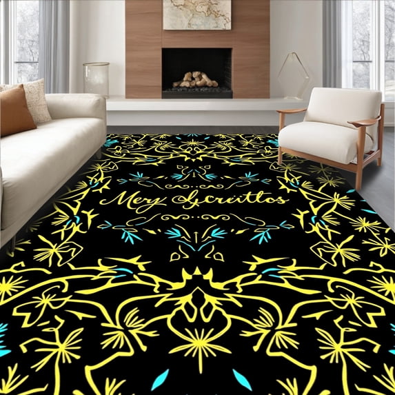 ODIKA 3'x5' Machine Washable Non-Slip Area Rug, Classic Merry with Interlocking Fir Needles and High Traffic Rug, Black, 623668