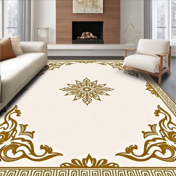 ODIKA 3'x5' Machine Washable Non-Slip Area Rug, Classic Ornamental with Stylized Leaf and Vine Arrangements High Traffic Rug with Pad, Ivory, 466282