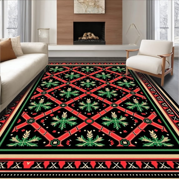 ODIKA 3'x5' Machine Washable Non-Slip Area Rug, Classic Plaid with Pinecone and Berry Embellishments Christmas Carpets High Traffic Rug with Pad, Black, 625494