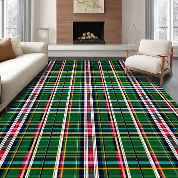 ODIKA 3'x5' Machine Washable Non-Slip Area Rug, Classic Tartan Patchwork Plaid with Interlocking Festive Motifs High Traffic Rug with Pad, Green, 653865