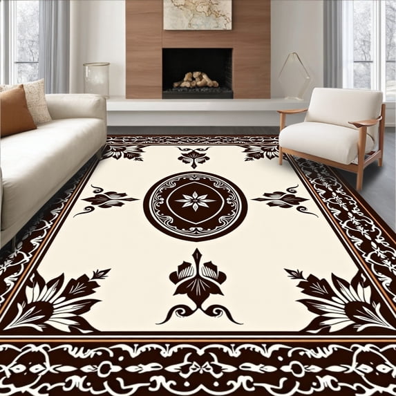 ODIKA 3'x5' Machine Washable Non-Slip Area Rug, Classic Trellis Motif with Ornate Medallion Highlights High Traffic Rug, Brown, 662002
