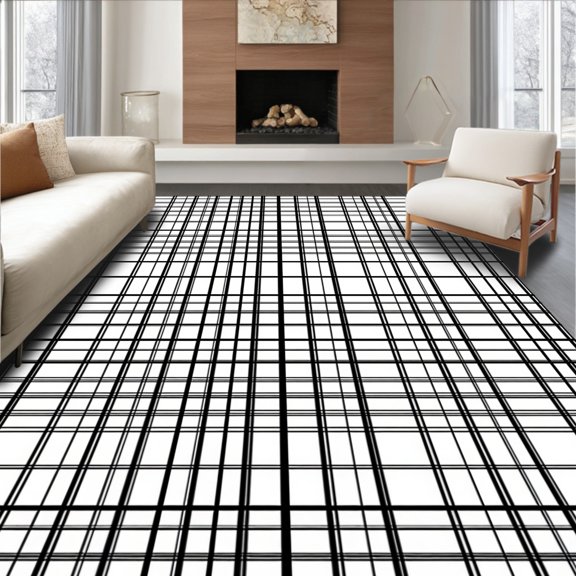 ODIKA 3x5 Machine Washable Non-Slip Area Rug, Classic Windowpane Plaid with Subtle Chevron Festive Detailing High Traffic Rug, Black, 508573