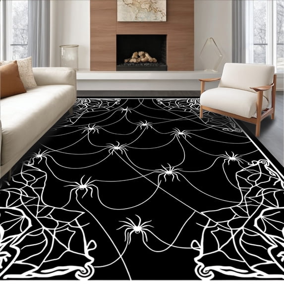 ODIKA 3'x5' Machine Washable Non-Slip Area Rug, Cobweb Spider Den Intricate Network with Dark Corner Shadows High Traffic Rug with Pad, Black, 741325