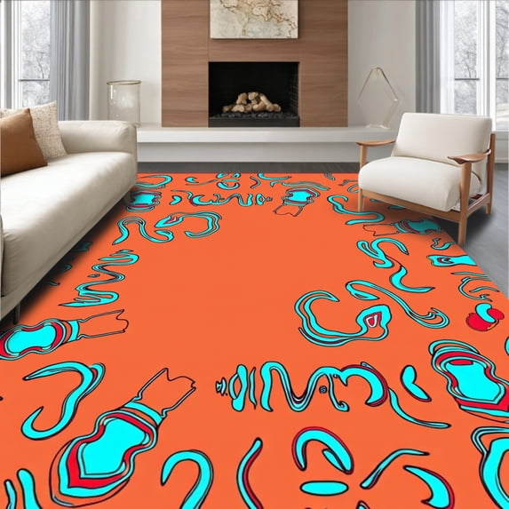 ODIKA 3'x5' Machine Washable Non-Slip Area Rug, Colorful ABC Ocean Adventure with Marine Life and Educational Letters High Traffic Rug with Pad, Orange, 698419