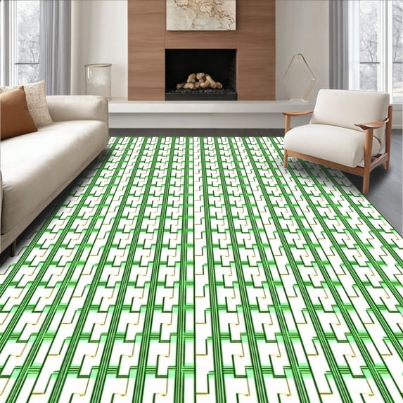 ODIKA 3'x5' Machine Washable Non-Slip Area Rug, Contemporary Grid Layout with Overlapping and Bands in Rhythmical High Traffic Rug with Pad, Green, 709549
